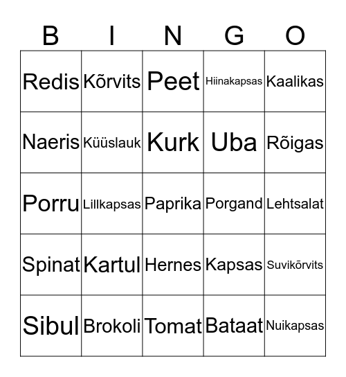 KÖÖGIVILJAD Bingo Card