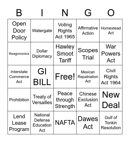 US History  -  Government Bingo Card
