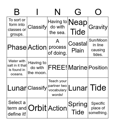 Moon Vocabulary Bingo Card