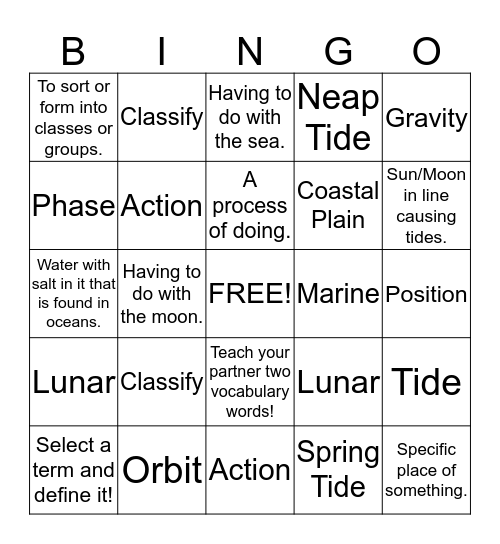 Moon Vocabulary Bingo Card