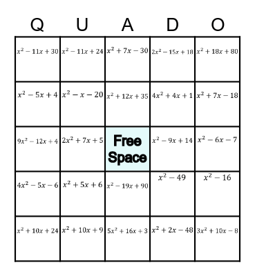 FACTORING QUADRATICS Bingo Card