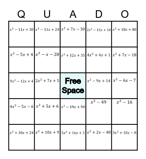 FACTORING QUADRATICS Bingo Card