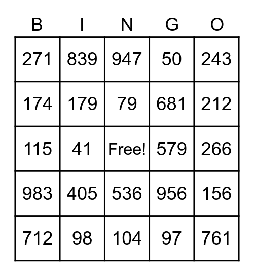 Place Value Bingo Card