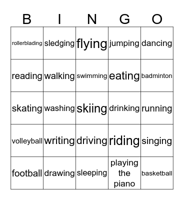 Activities Bingo Card