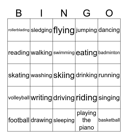 Activities Bingo Card