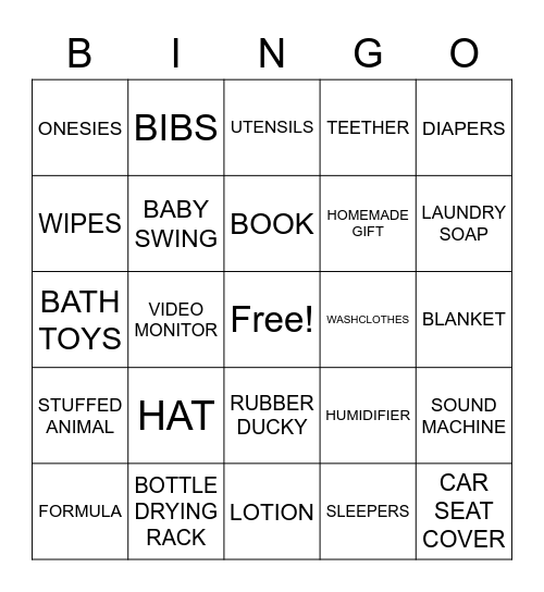 Baby Shower Bingo Card