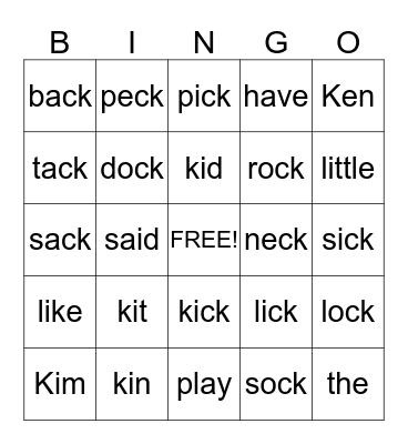 Sight Words and "ck" Bingo Card