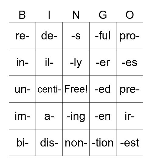 Prefixes and Suffixes Bingo Card