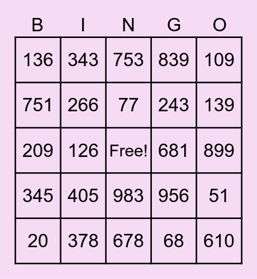 Place Value Bingo Card