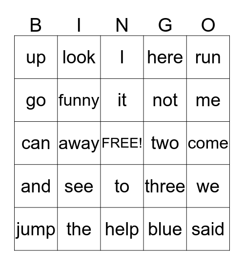 Pre-Primer Bingo Card
