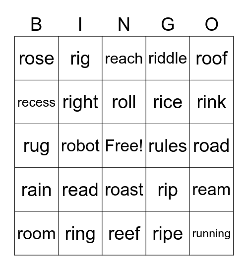 Initial R Words Bingo Card