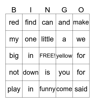 Pre-Primer Bingo Card