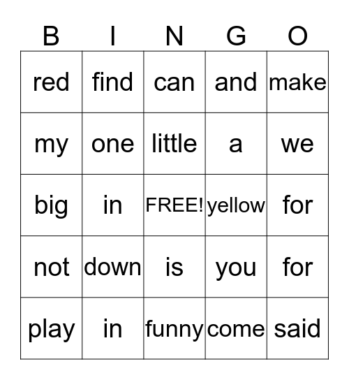 Pre-Primer Bingo Card