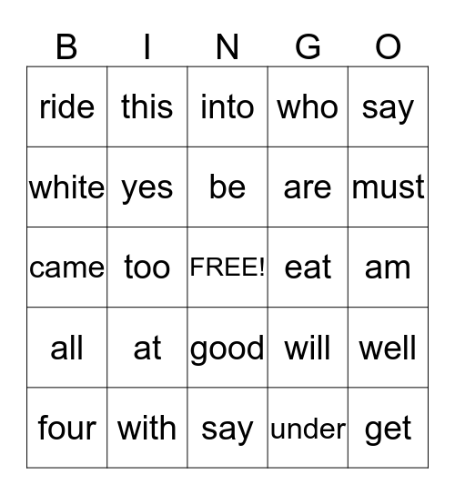 Primer Bingo Card