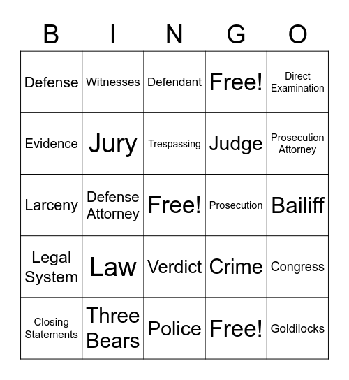 Goldilocks on Trial! Bingo Card