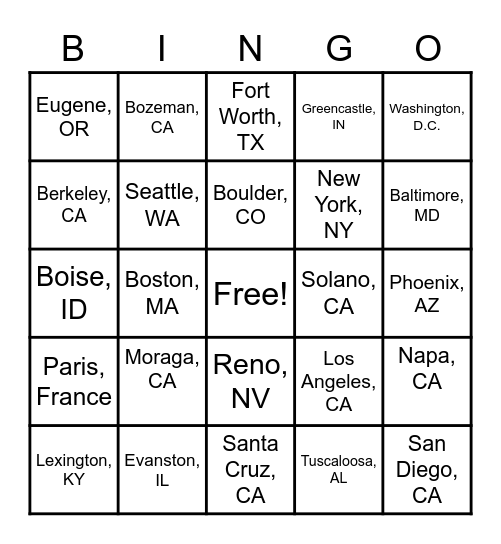 College Town Bingo Card