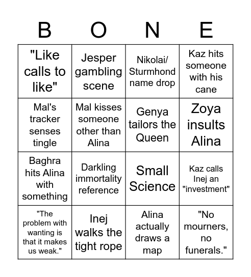 Shadow & Bone Bingo Card