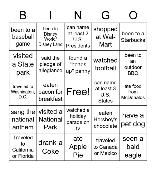 Proud to be an American BINGO Card