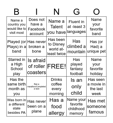Getting to Know You BINGO Card