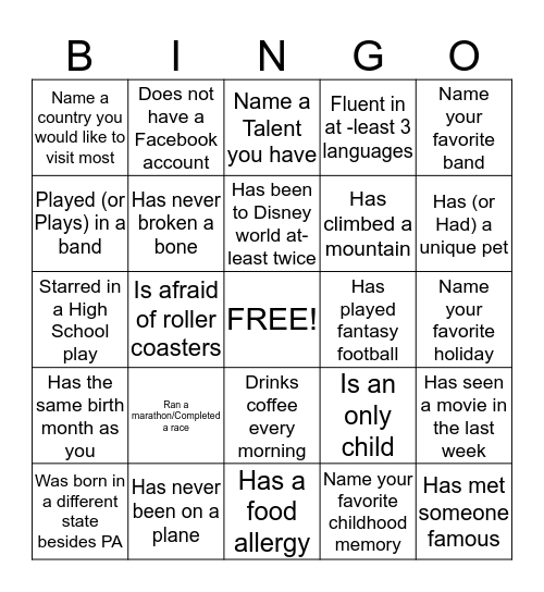 Getting to Know You BINGO Card