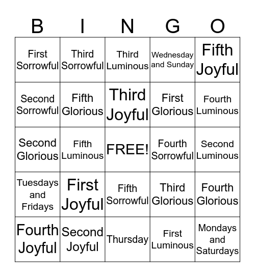 Mysteries of the Rosary Bingo Card