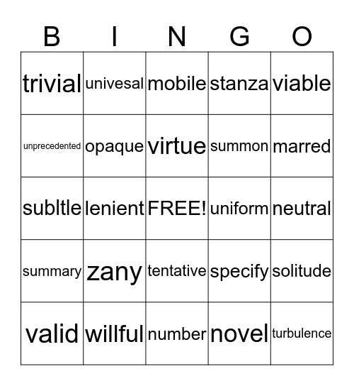 SAT Training Bingo Card