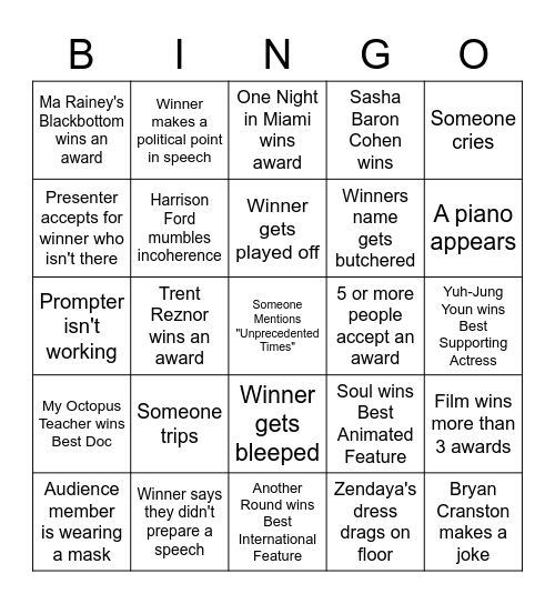 Oscars 2021 Bingo Card Bingo Card