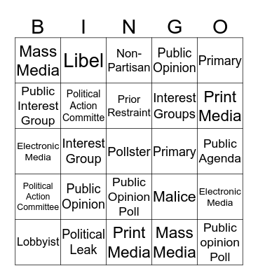 Influencing Government Vocabulary Bingo Card