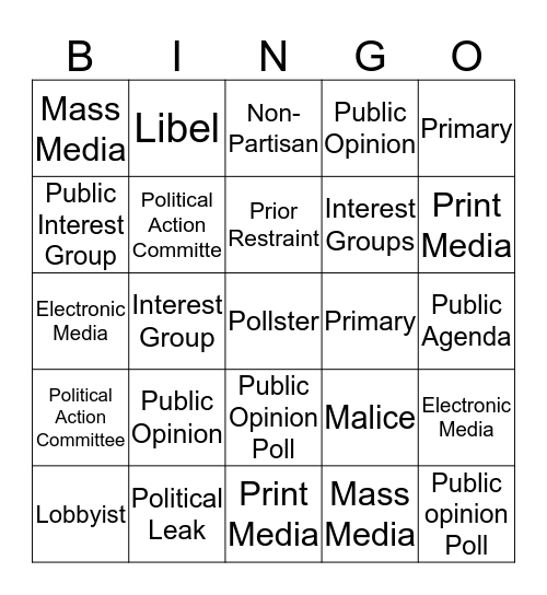 Influencing Government Vocabulary Bingo Card