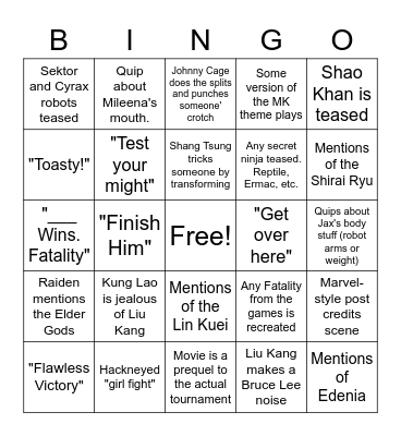 New Mortal Kombat Movie Bingo Card