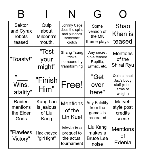 New Mortal Kombat Movie Bingo Card