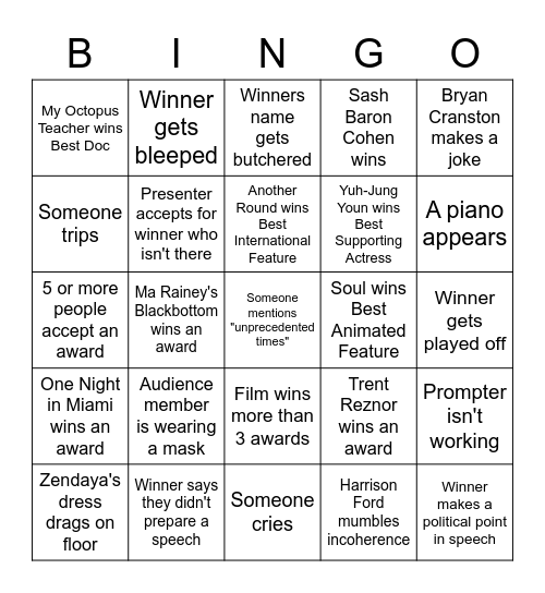 Oscars 2021 Bingo Card Bingo Card