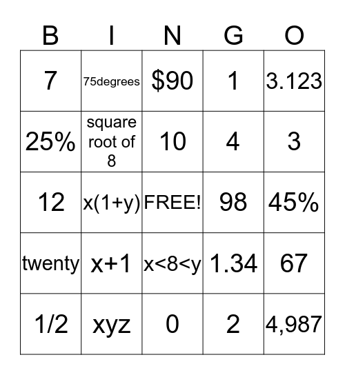 Math Number One Bingo Card