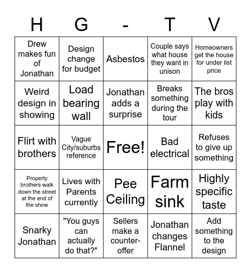 Property Brothers Bingo Card