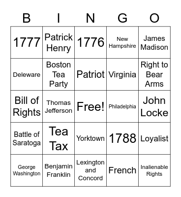 Colonial Bingo Card