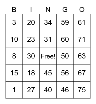 Number Bingo 1-75 Bingo Card