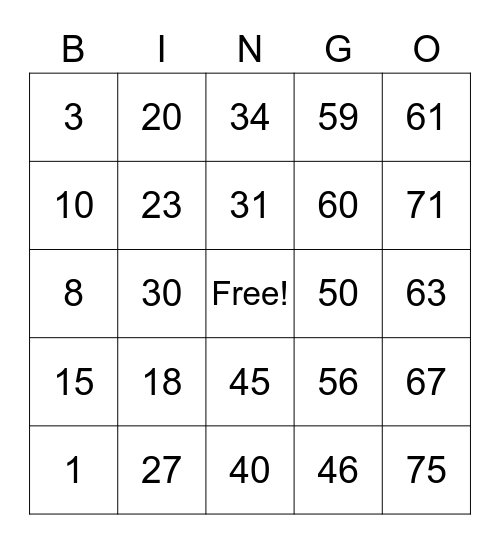 Number Bingo 1-75 Bingo Card