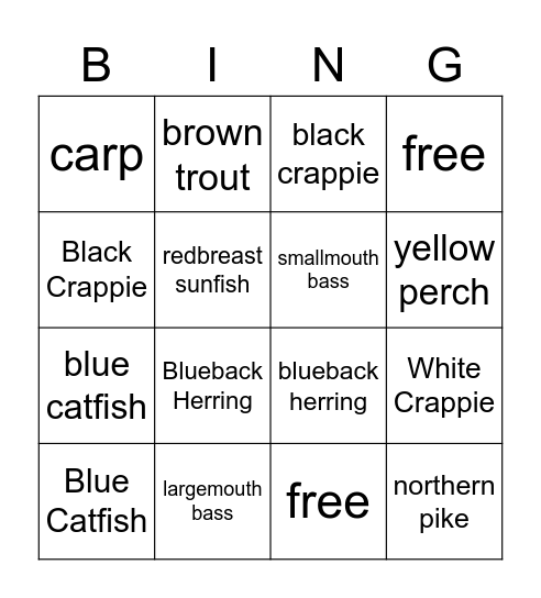 Virginia Fish Bingo Card