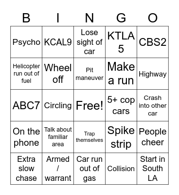 CAR CHASE Bingo Card