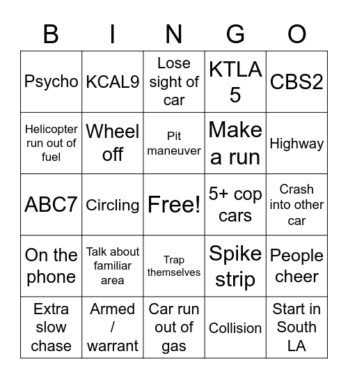 CAR CHASE Bingo Card
