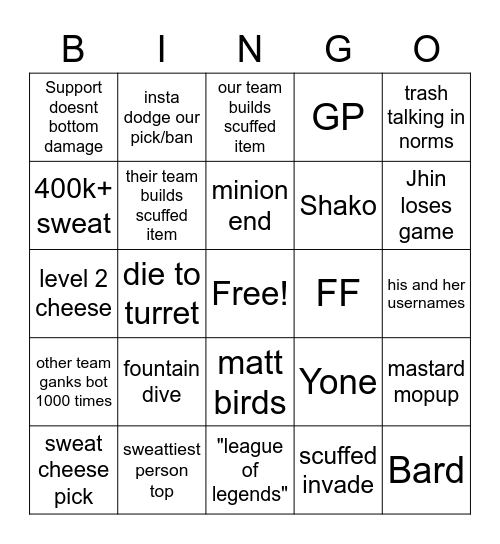 Norms leago Bingo Card