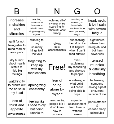 Amy's Spiral Awareness Bingo Card