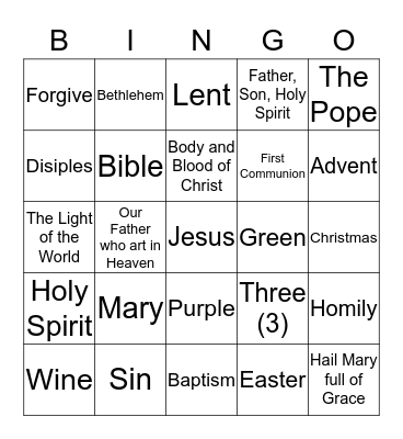 Second Grade Faith Formation Bingo! Bingo Card