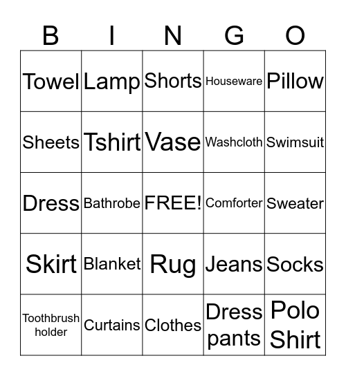 Clothes/Houseware Bingo Card