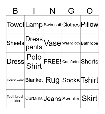 Clothes/Houseware Bingo Card