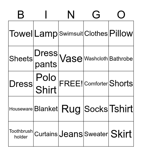 Clothes/Houseware Bingo Card