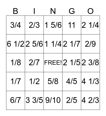 Fraction Bingo  Bingo Card