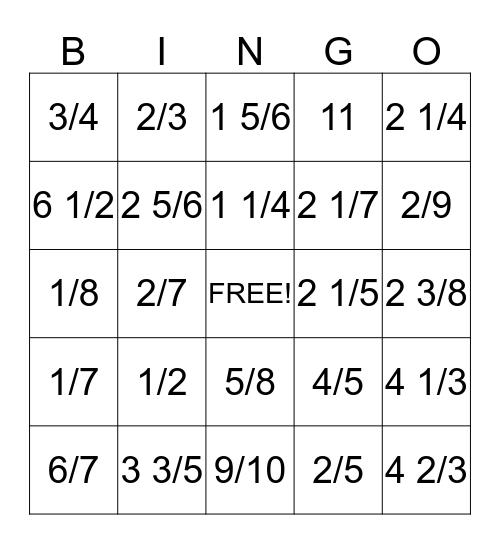 Fraction Bingo  Bingo Card