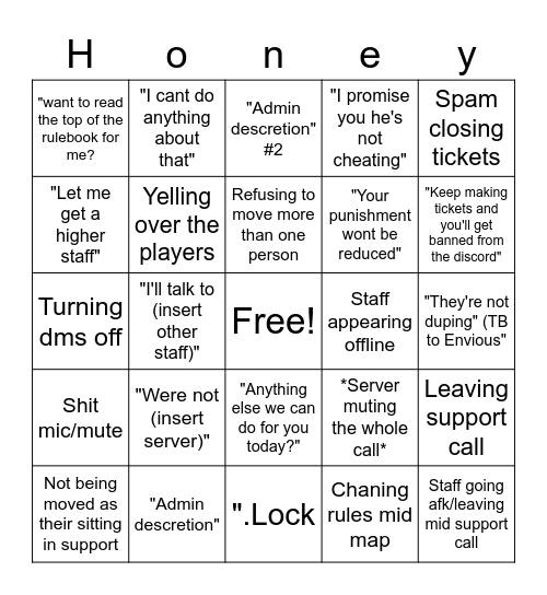 Support Bingo Card