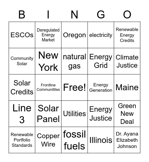 Community Solar Bingo Card